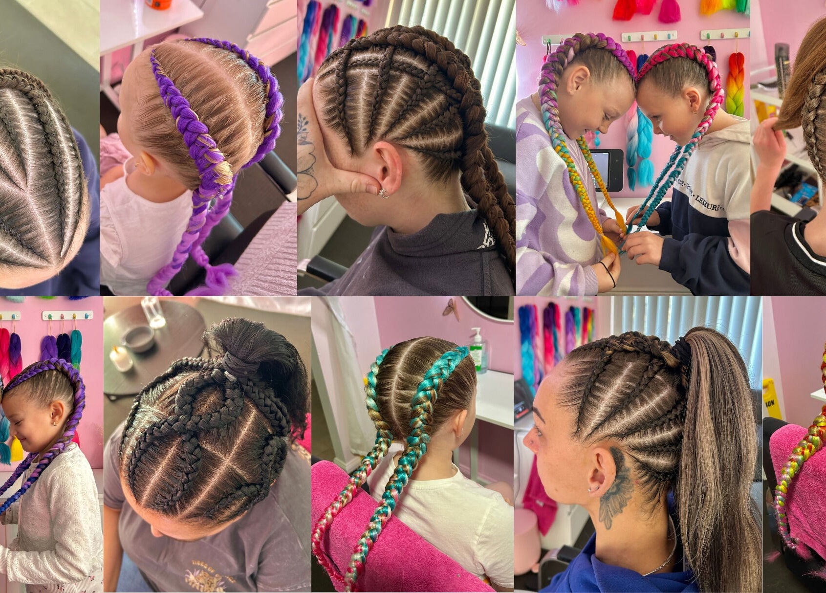 Diverse braided hair designs at MAD'S BEAUTY BAR, Gregory Hills, New South Wales, AU, showcasing vibrant styles.