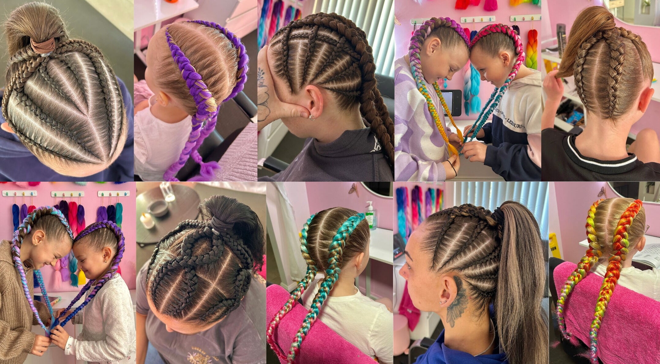 Diverse braided hair designs at MAD'S BEAUTY BAR, Gregory Hills, New South Wales, AU, showcasing vibrant styles.
