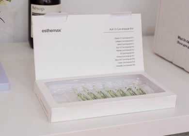 Esthemax ampoules showcased at MamiYaba Salon, London, England, GB. Perfect for skin rejuvenation treatments.