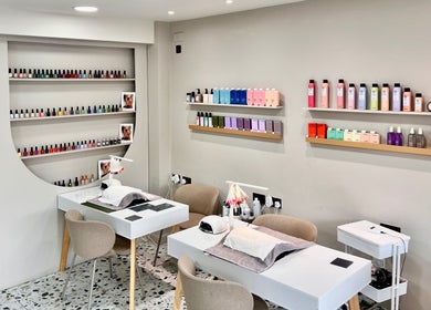 Elegant nail polish and products display at Mami Yaba Salon, London, England, GB.