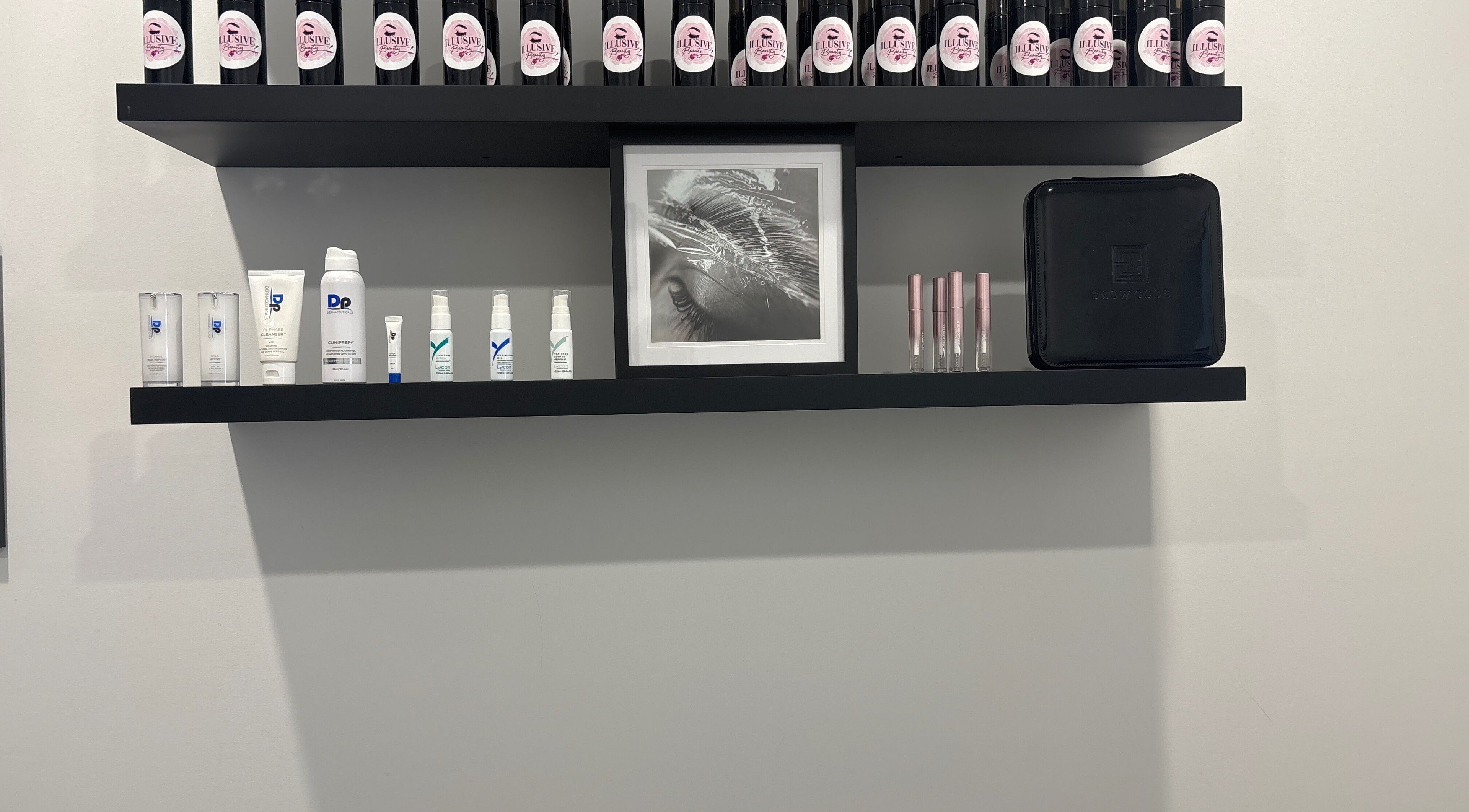 Skincare products on sleek shelves at Illusive Beauty, Nirimba, Queensland, AU.