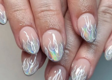Holographic flame nail art at Clawed Nail Studio, Pukekohe, Waikato, NZ. Elegant nail design showcasing unique style.