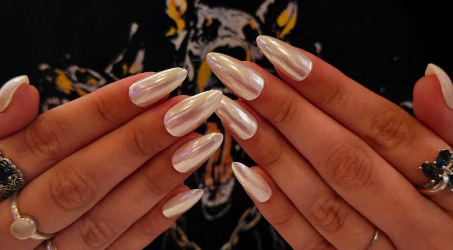 Elegant pearl nails by Clawed Nail Studio in Pukekohe, Waikato, NZ, showcasing flawless manicure artistry.