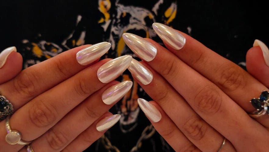 Elegant pearlescent nails at Clawed Nail Studio, Pukekohe, Waikato, NZ.