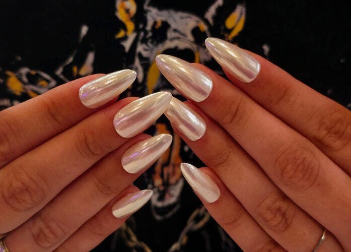 Elegant pearlescent nails at Clawed Nail Studio, Pukekohe, Waikato, NZ.