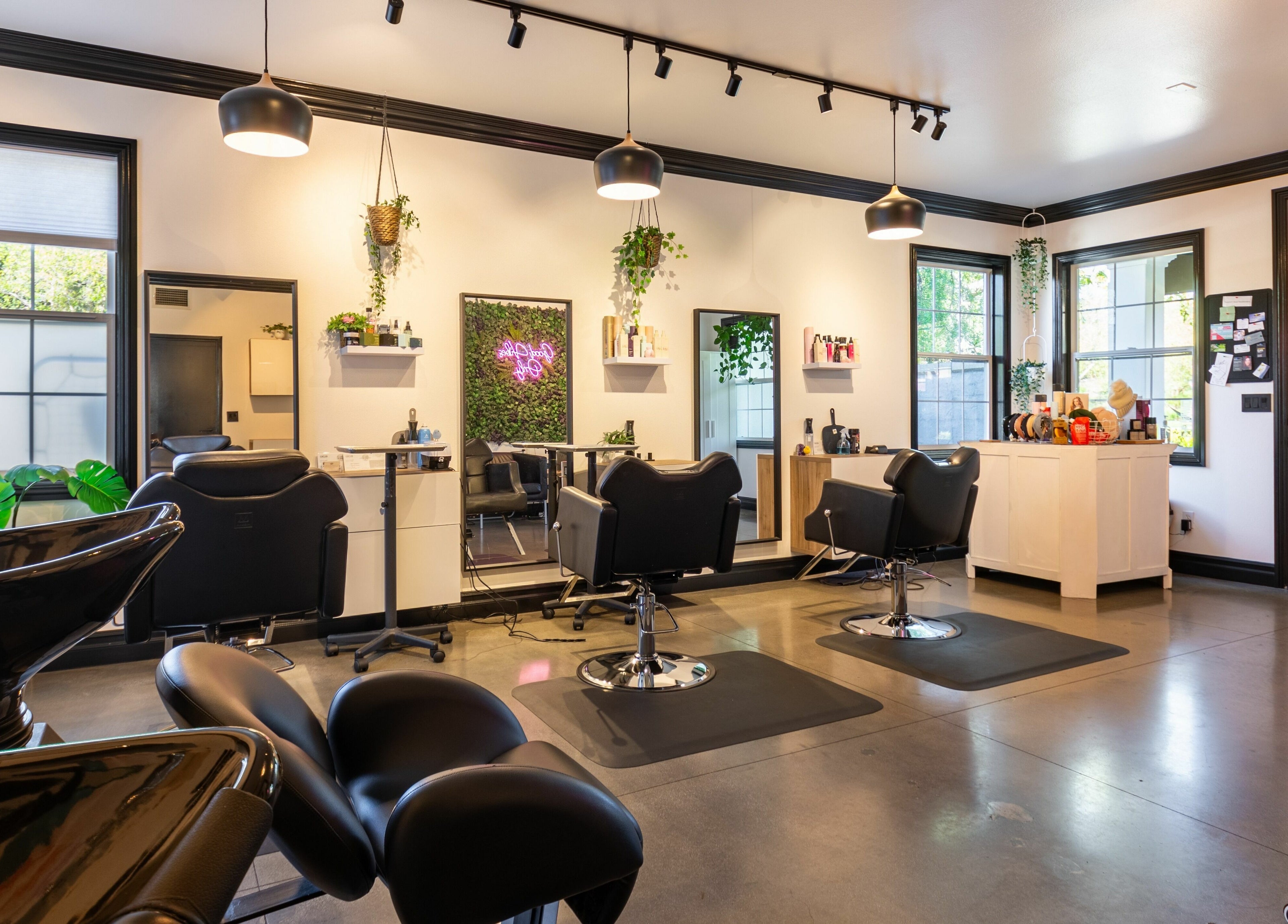 Modern interior of Red Door Salon with Aimee, Ladera Ranch, California, US. Stylish, inviting, and serene atmosphere.