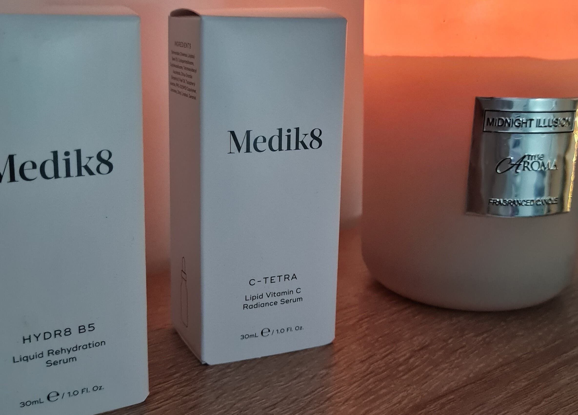 Medik8 serums and candle at FAB in Norwich, England, GB for relaxation and rejuvenation.