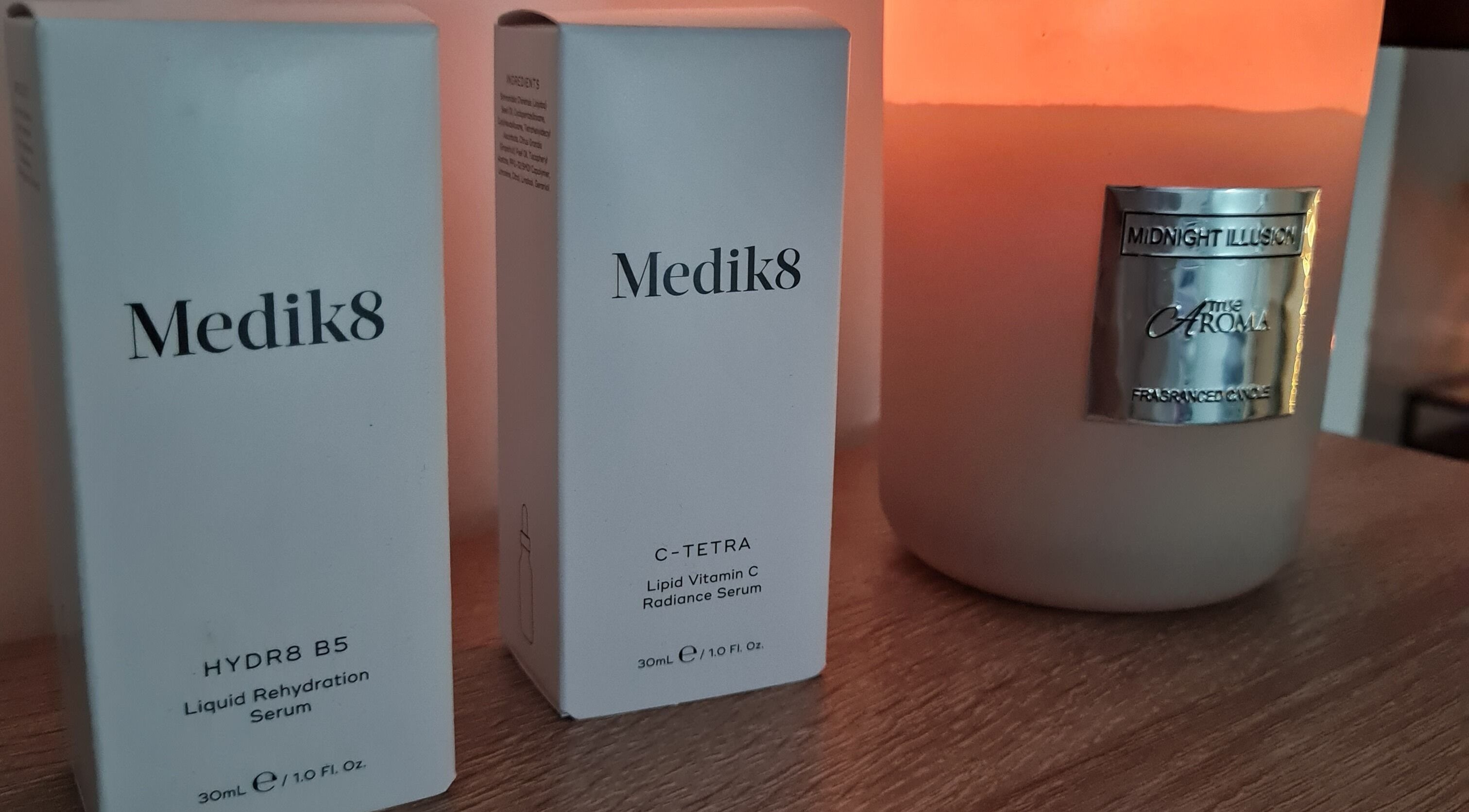 Medik8 serums and candle at FAB in Norwich, England, GB for relaxation and rejuvenation.