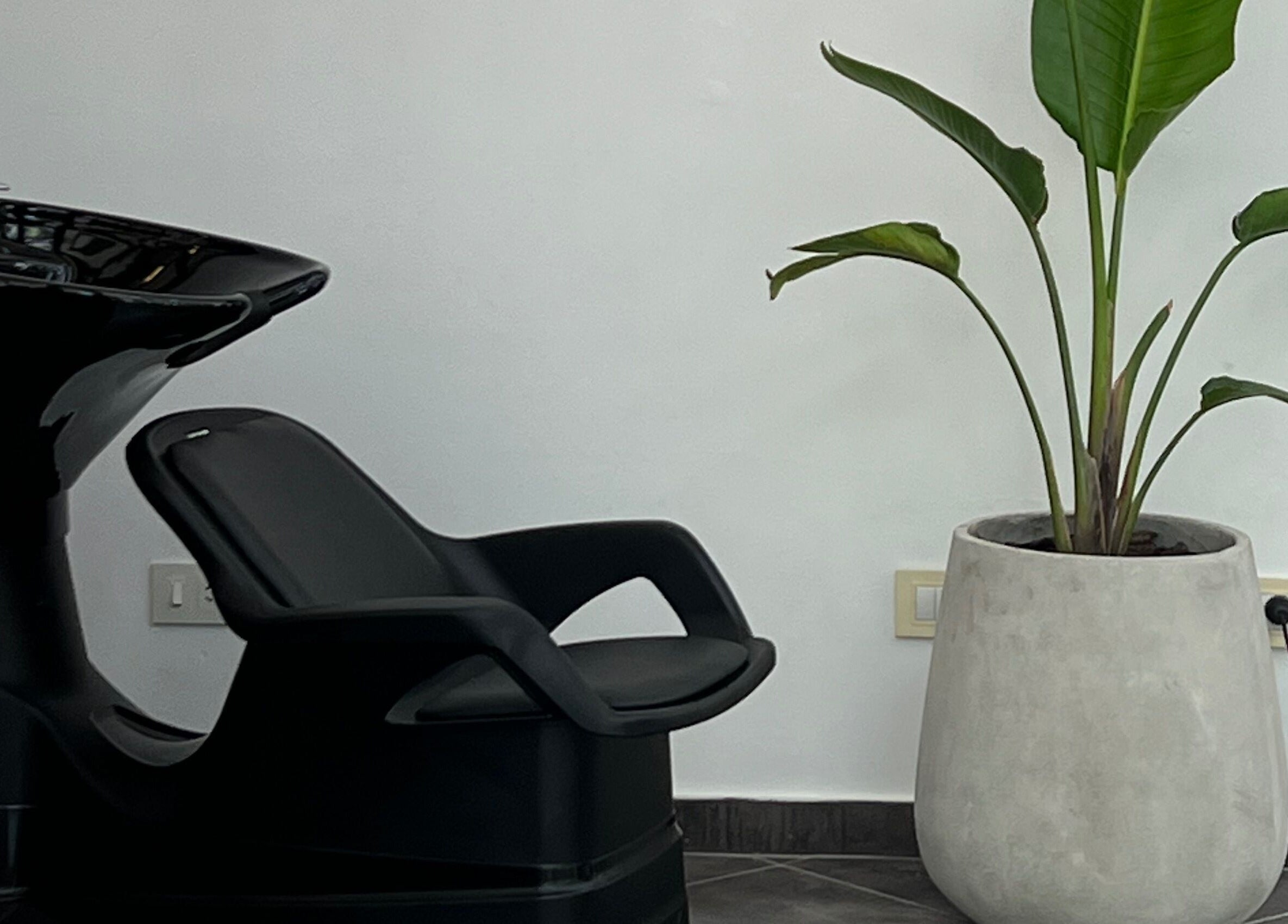 Estación de lavado moderna en VIBE SALON, Villa Ballester, Provincia De Buenos Aires, AR, con planta decorativa.