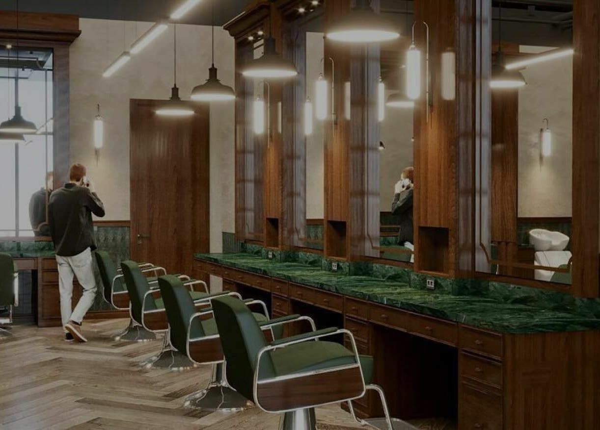 Stylish interior of The Barber Hub Gents on LLC, Dubai, Dubai, AE, showcasing modern barber chairs and wooden decor.