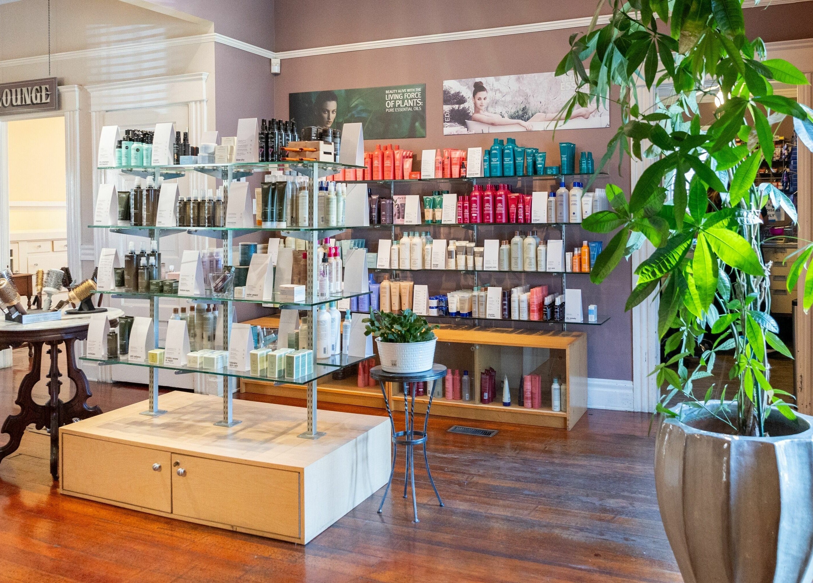 Product shelves at Salon Benardo in Fullerton, California, US, showcasing a range of beauty essentials.