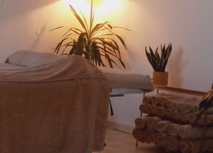 Tranquil massage room at Ladies Wellness, Amsterdam, Noord-Holland, NL, with soft lighting and plants.