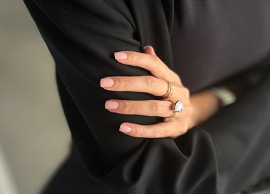 Stylish manicured hand with rings at Polished Atelier, Surry Hills, Sydney, New South Wales, AU.