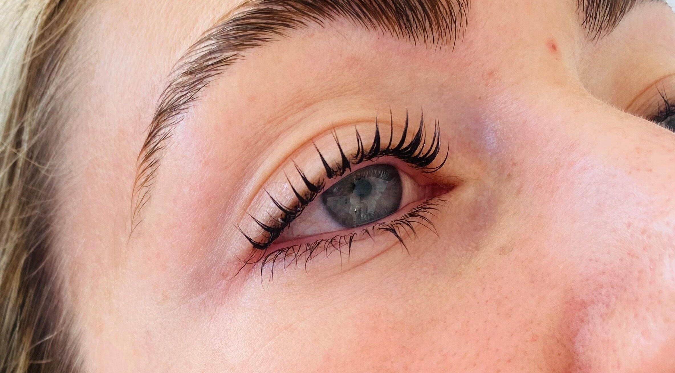 Close-up of perfectly styled eyelashes at Maddy's Beauty and Brow Bar in Long Jetty, New South Wales, AU.