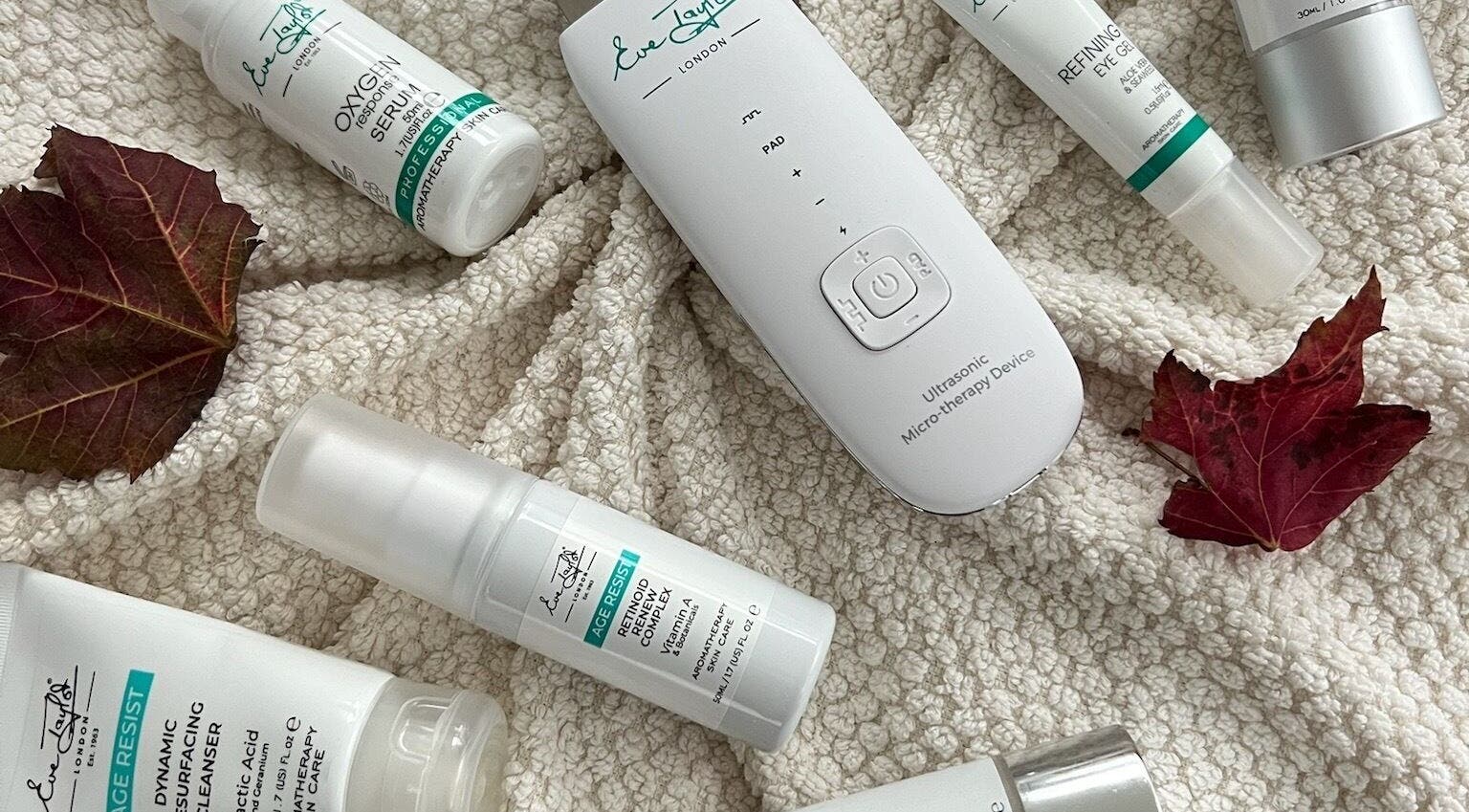 Bespoke Beauty & Skincare products in Baildon, England, GB displayed with autumn leaves.