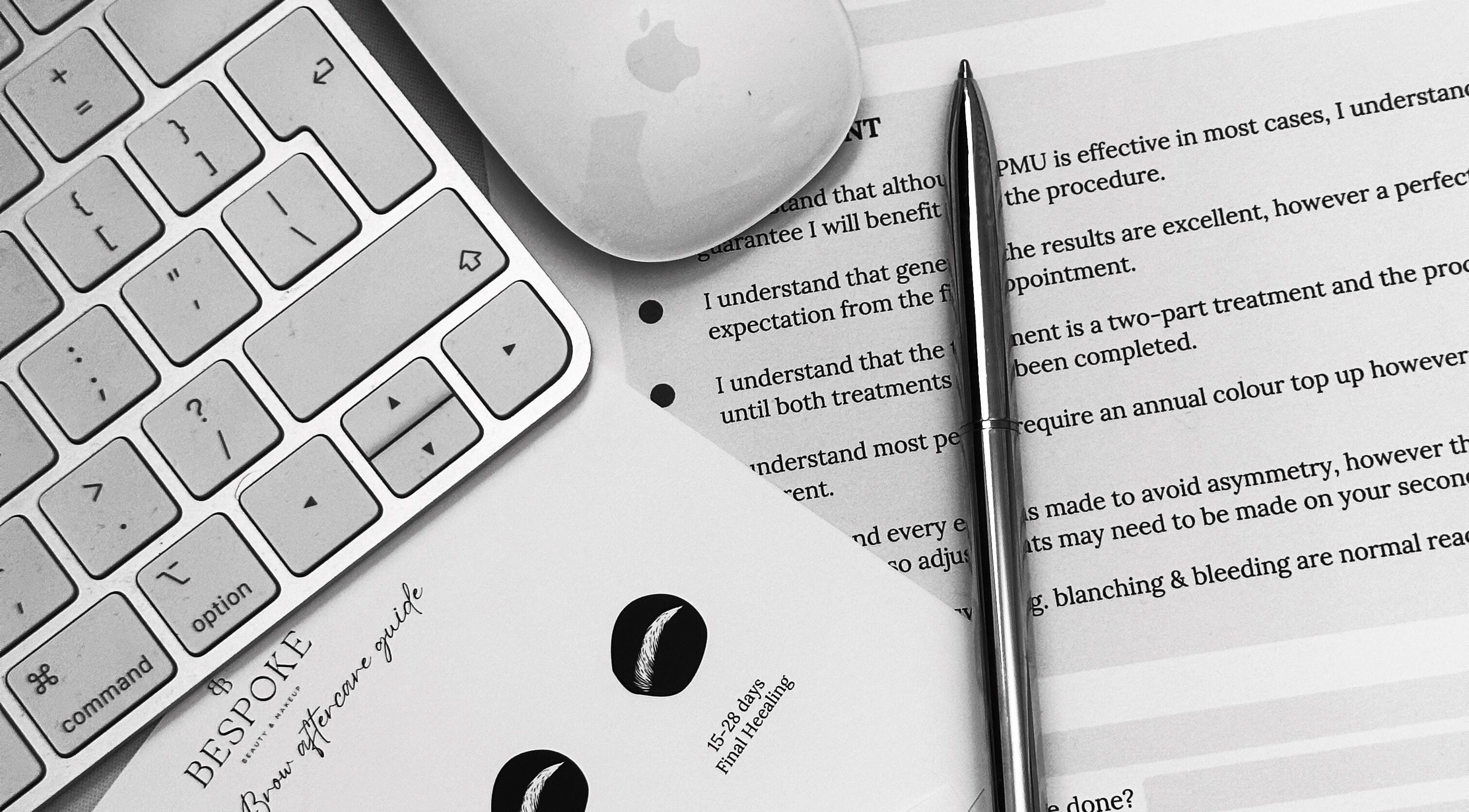 Bespoke Beauty & Skincare consultation papers on a desk in Baildon, England, GB.