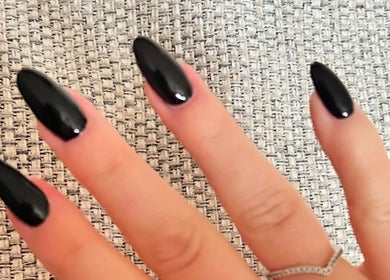 Stylish black manicured nails at Laura Anne Beauty, Douglas, Douglas, IM.