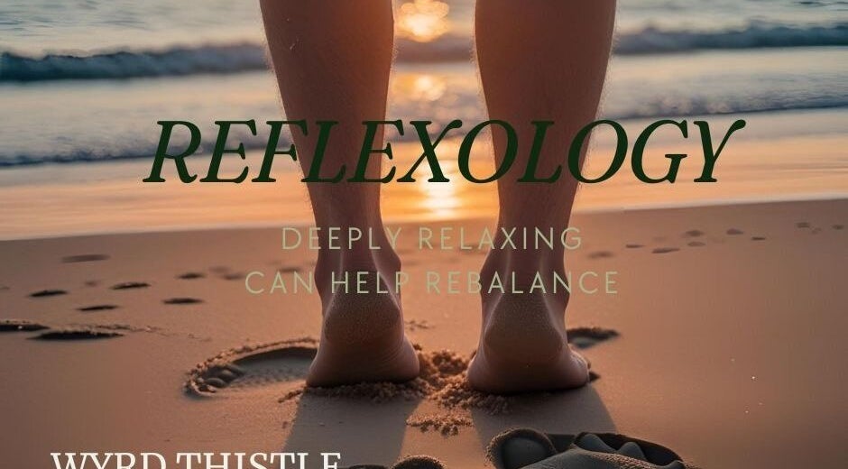 Footprints in sand at sunset for reflexology at Wyrd Thistle Therapies, Methil, Scotland, GB.