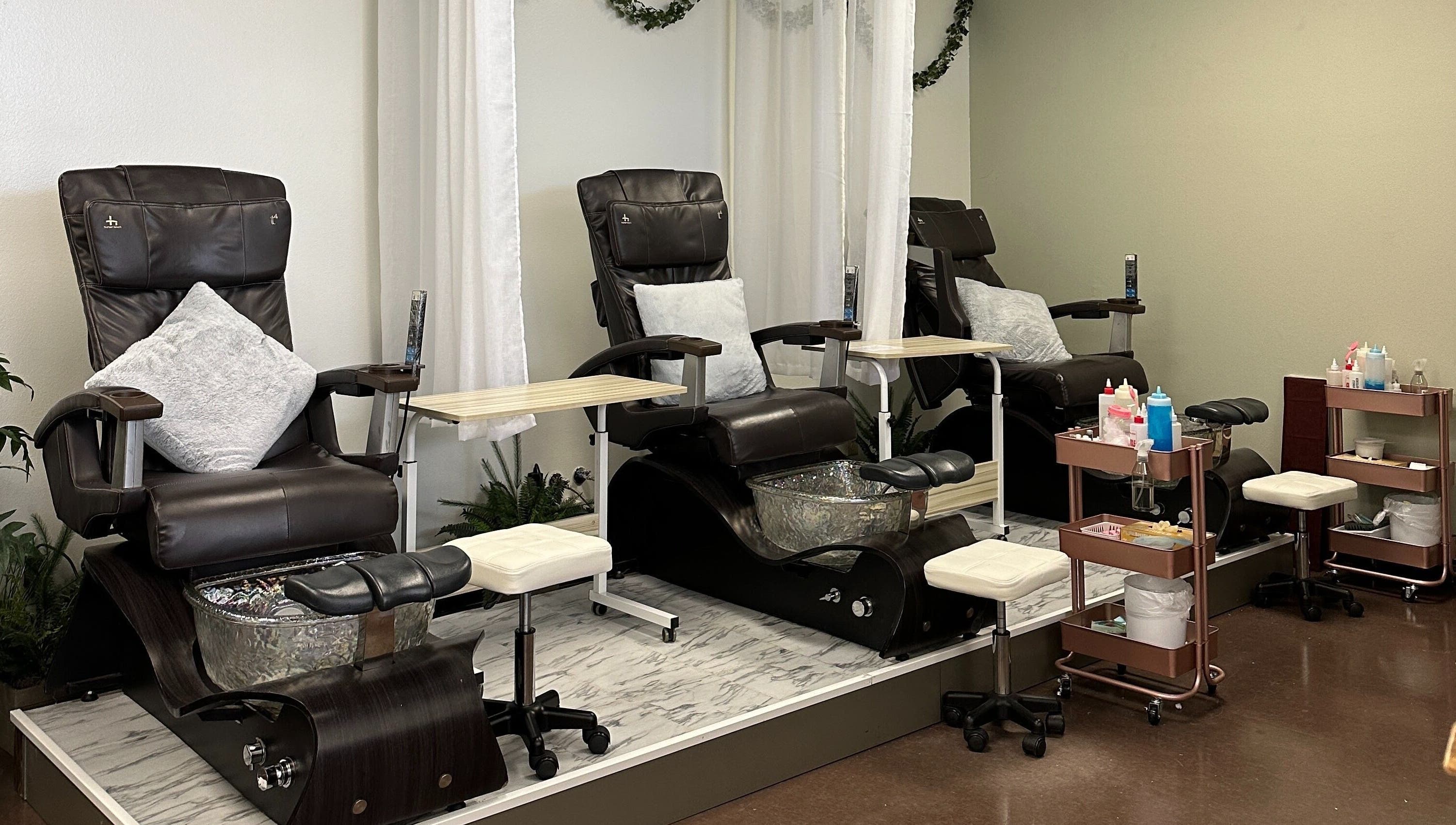Comfortable pedicure chairs at Chabaa Private Nail Salon, Branson, Missouri, US, offering luxury nail treatments.