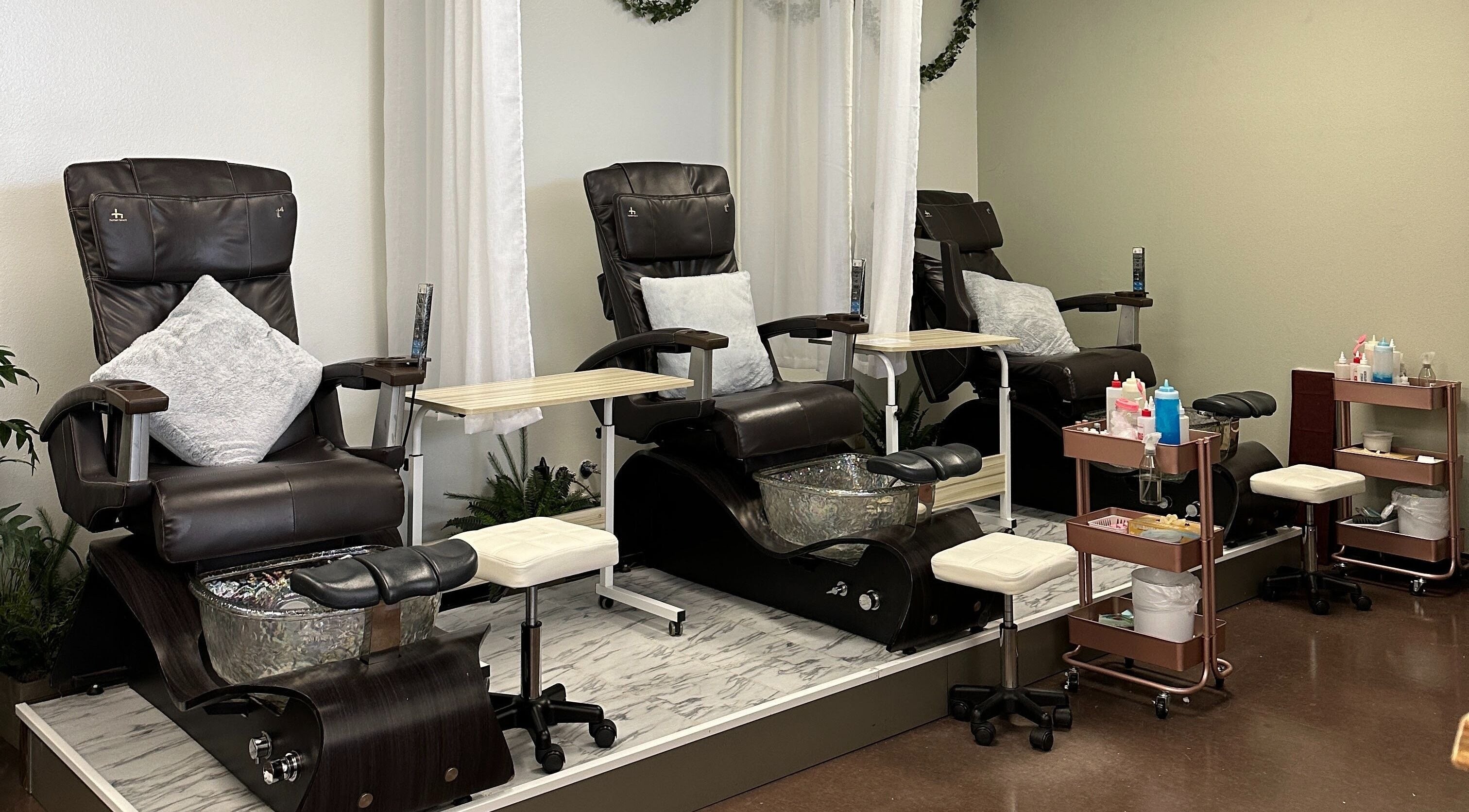 Comfortable pedicure chairs at Chabaa Private Nail Salon, Branson, Missouri, US, offering luxury nail treatments.