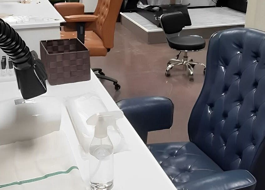 Elegant leather chairs and nail stations at Chabaa Private Nail Salon in Branson, Missouri, US.