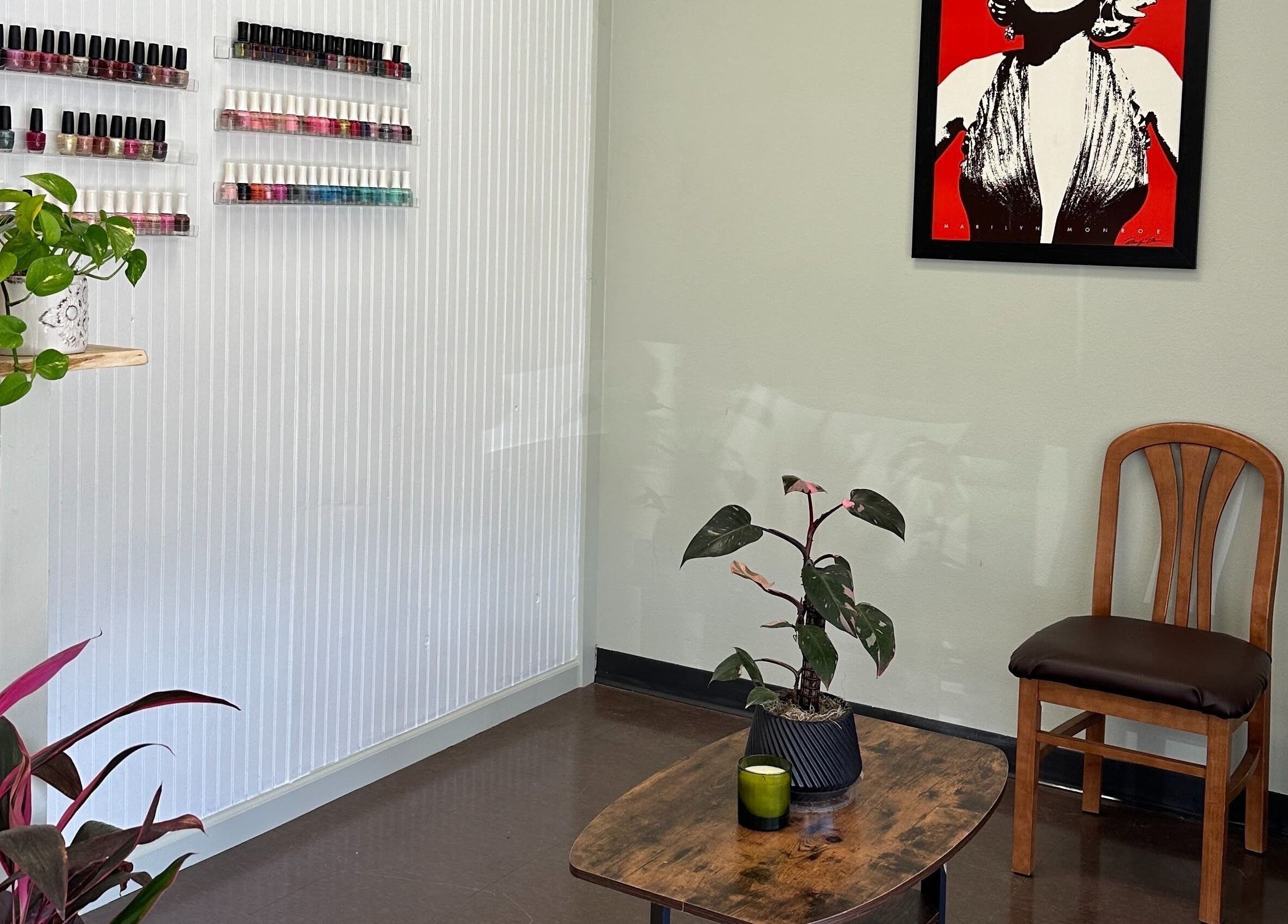 Cozy interior of Chabaa Private Nail Salon, Branson, Missouri, US. Elegant decor with nail polish display.