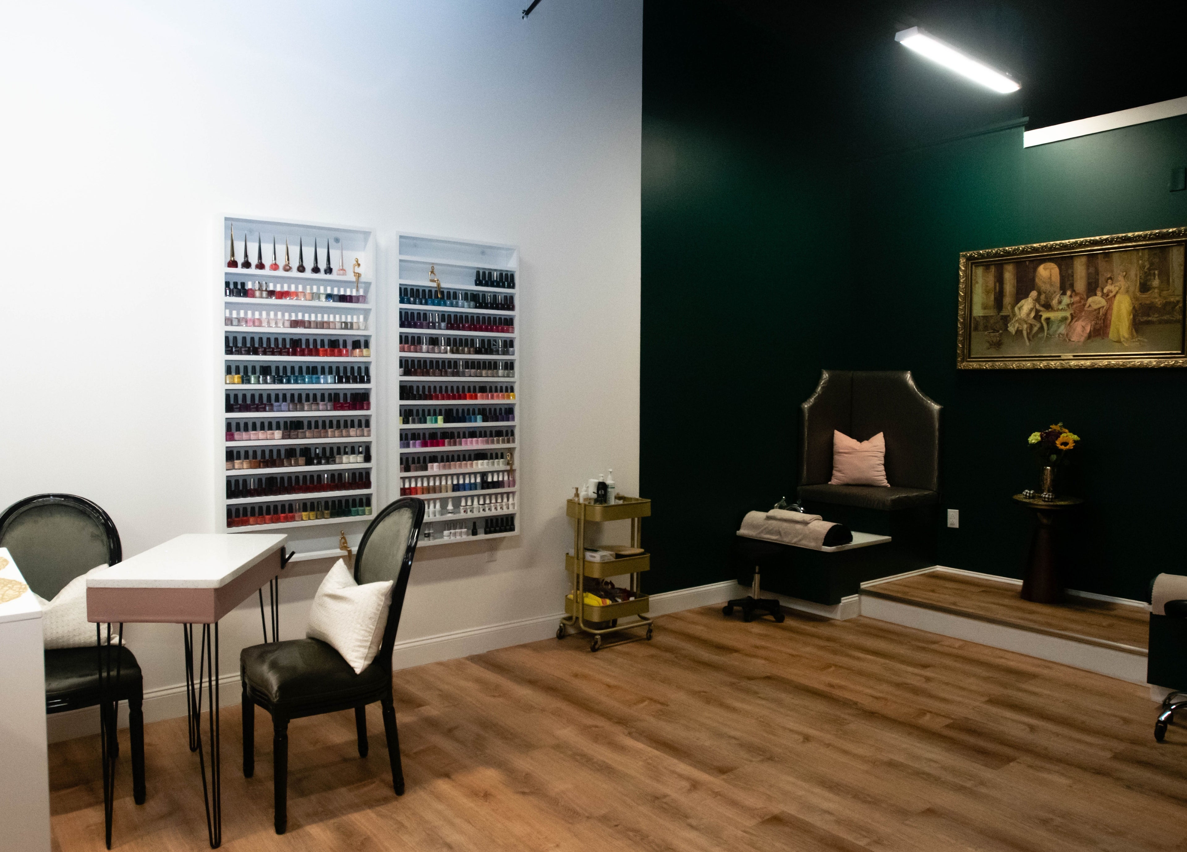 Elegant nail salon at Case of Elegance Wellness Spa, Archbald, Pennsylvania, US with luxurious seating.