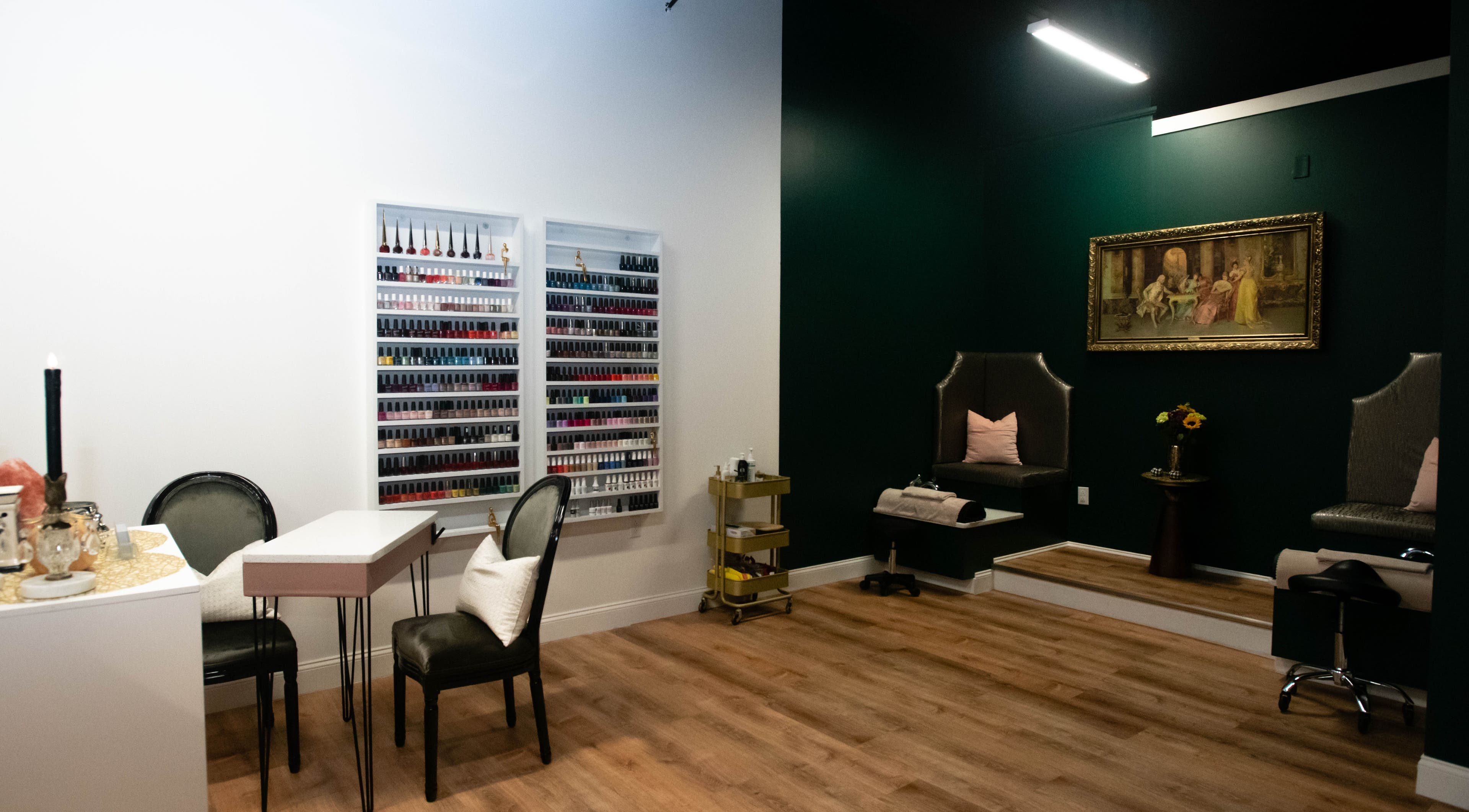 Elegant nail salon at Case of Elegance Wellness Spa, Archbald, Pennsylvania, US with luxurious seating.