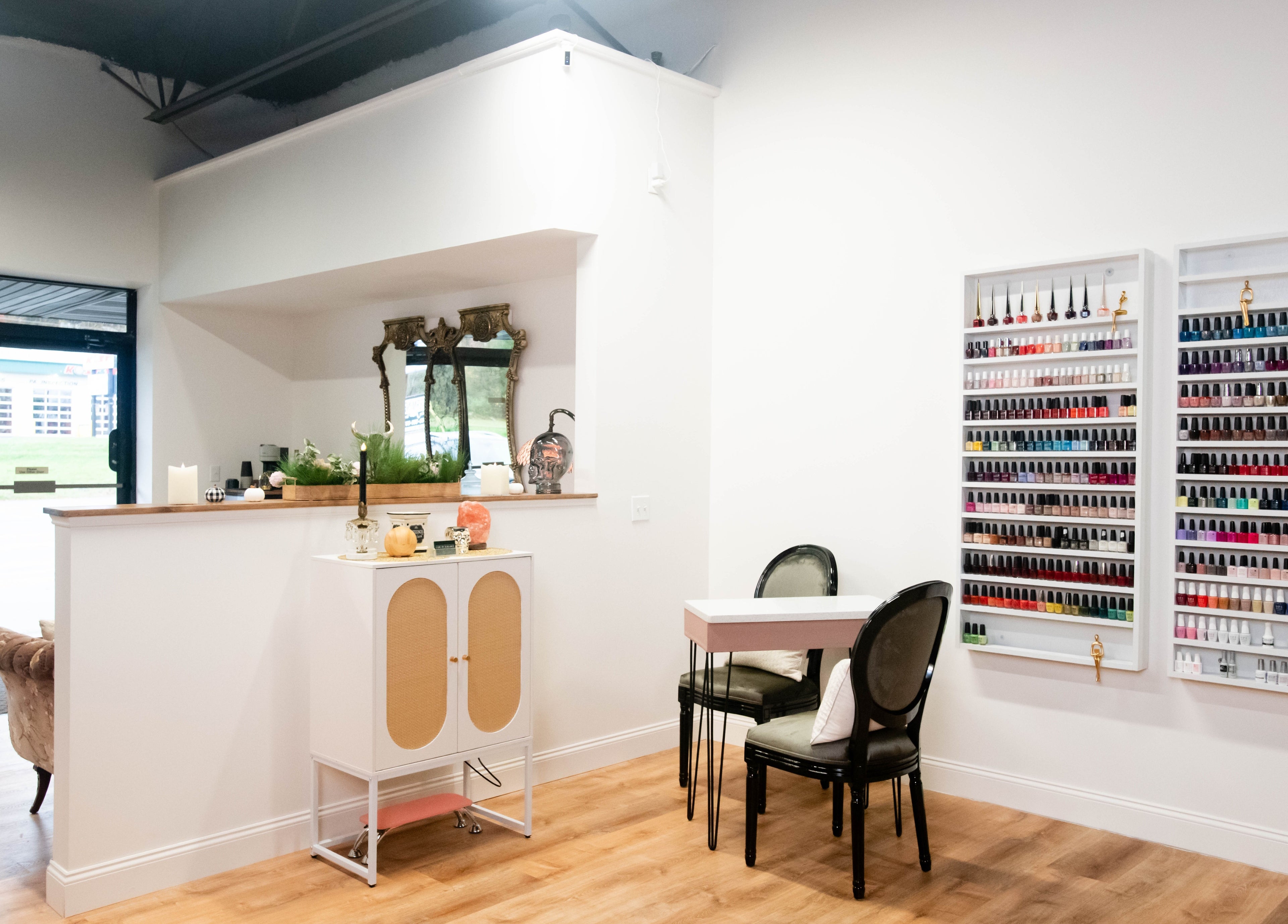 Relaxing reception at Case of Elegance Wellness Spa in Archbald, Pennsylvania, US with nail polish display.