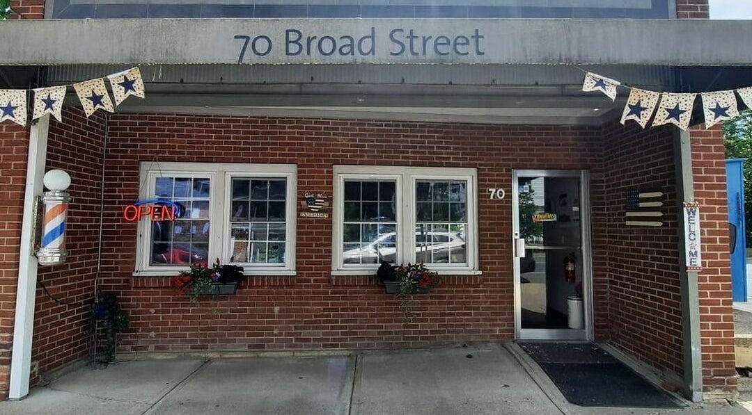 Exterior of Bentley's Salon and Barbershop at 70 Broad Street, Schuylerville, New York, US.