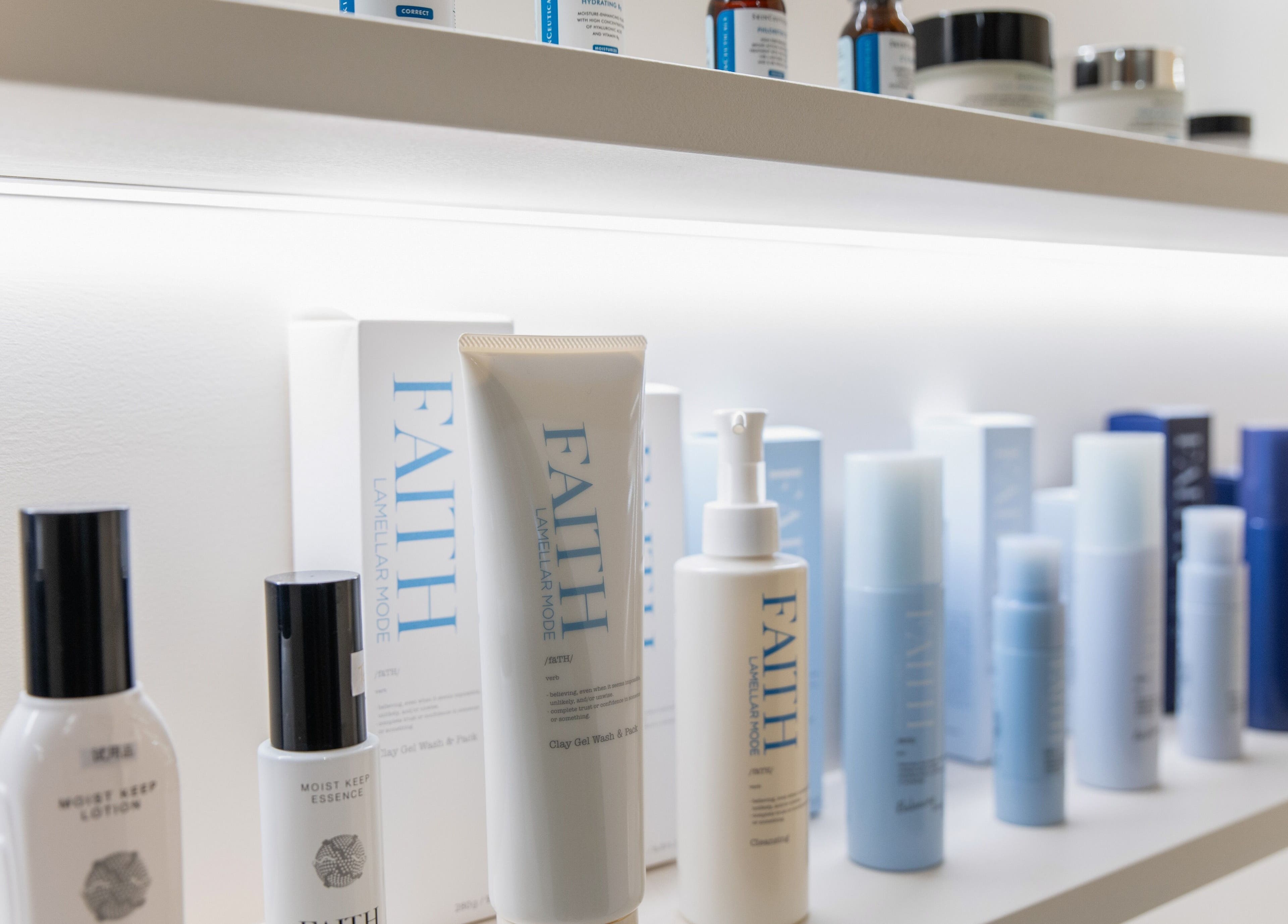 Luxury skincare products on shelf at MEGUMI GLOBAL, Sydney, New South Wales, AU, showcasing premium beauty.