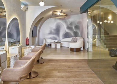 Chic interior of Obar Beauty in Riyadh, Riyadh Province, SA with cozy seating and ambient lighting.