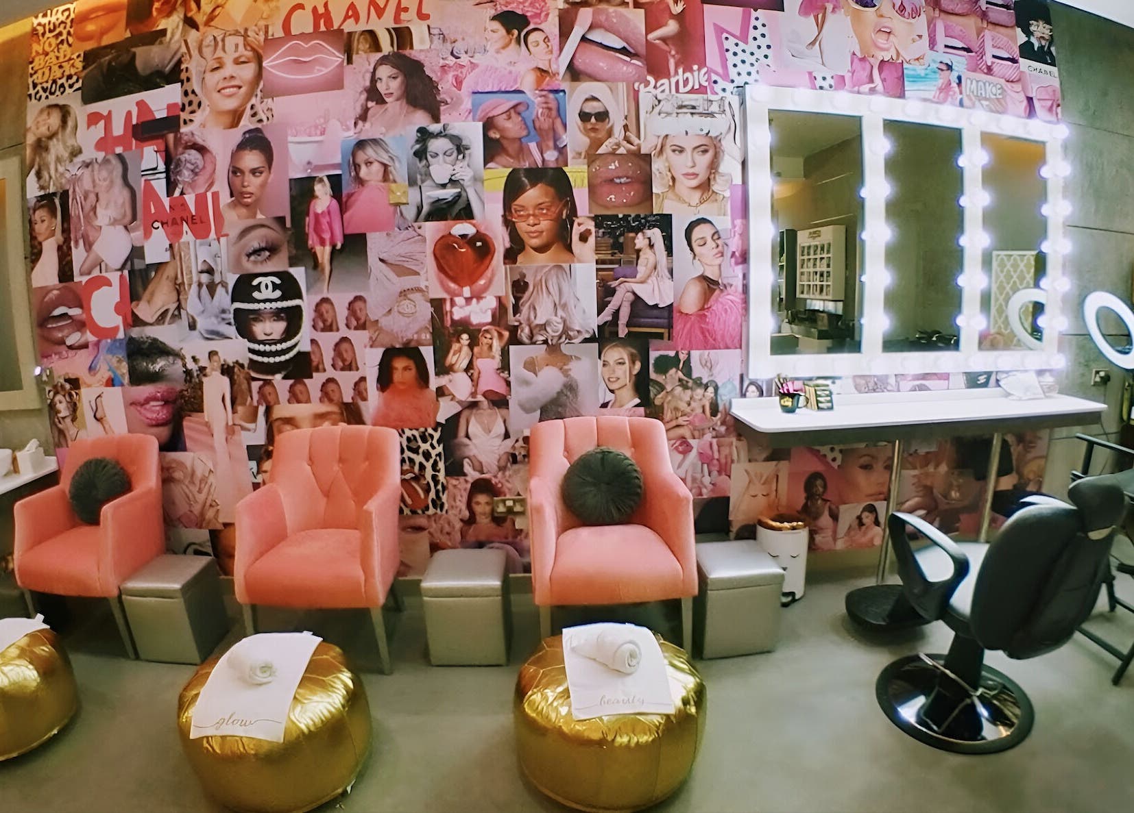 Stylish beauty lounge with pink chairs and vibrant decor at The Salon at Yin Yang Al Wasl, Dubai, AE.