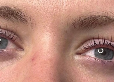 Close-up of enhanced lashes at The Nail and Beauty Lounge, Weston-super-mare, GB. Experience fine lash services.