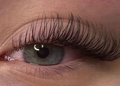 Close-up of expertly applied eyelash extensions at The Nail and Beauty Lounge, Weston-super-mare, GB.
