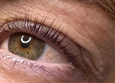 Close-up of eye with enhanced lashes at The Nail and Beauty Lounge, Weston-super-mare, GB.