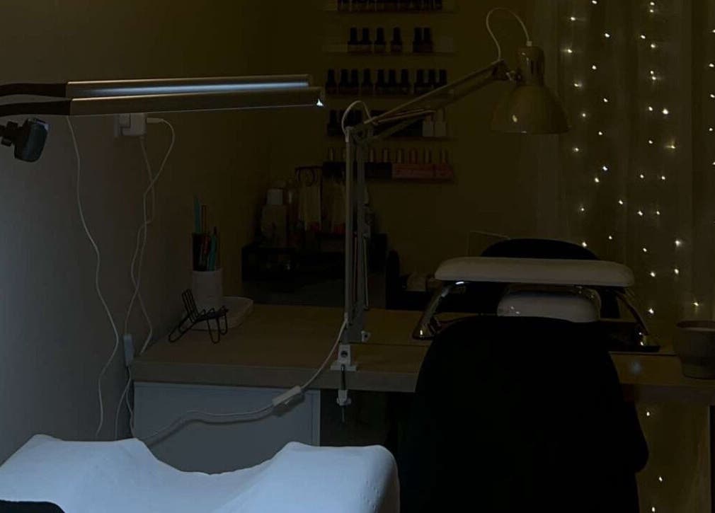 Serene manicure station at BY.M.R.B, Colchester, England, GB with ambient lighting and nail polish display.