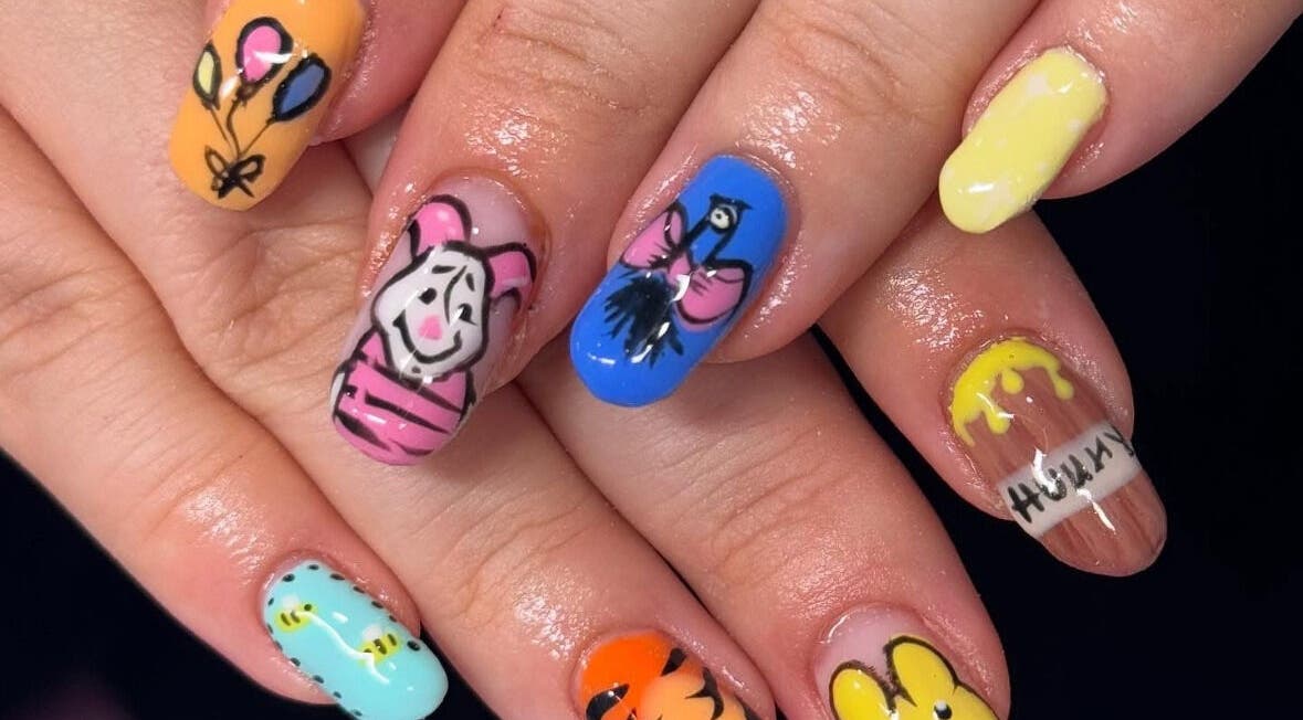 Colorful cartoon-themed nail art at By Tara-Jayne, Bridgwater, England, GB.