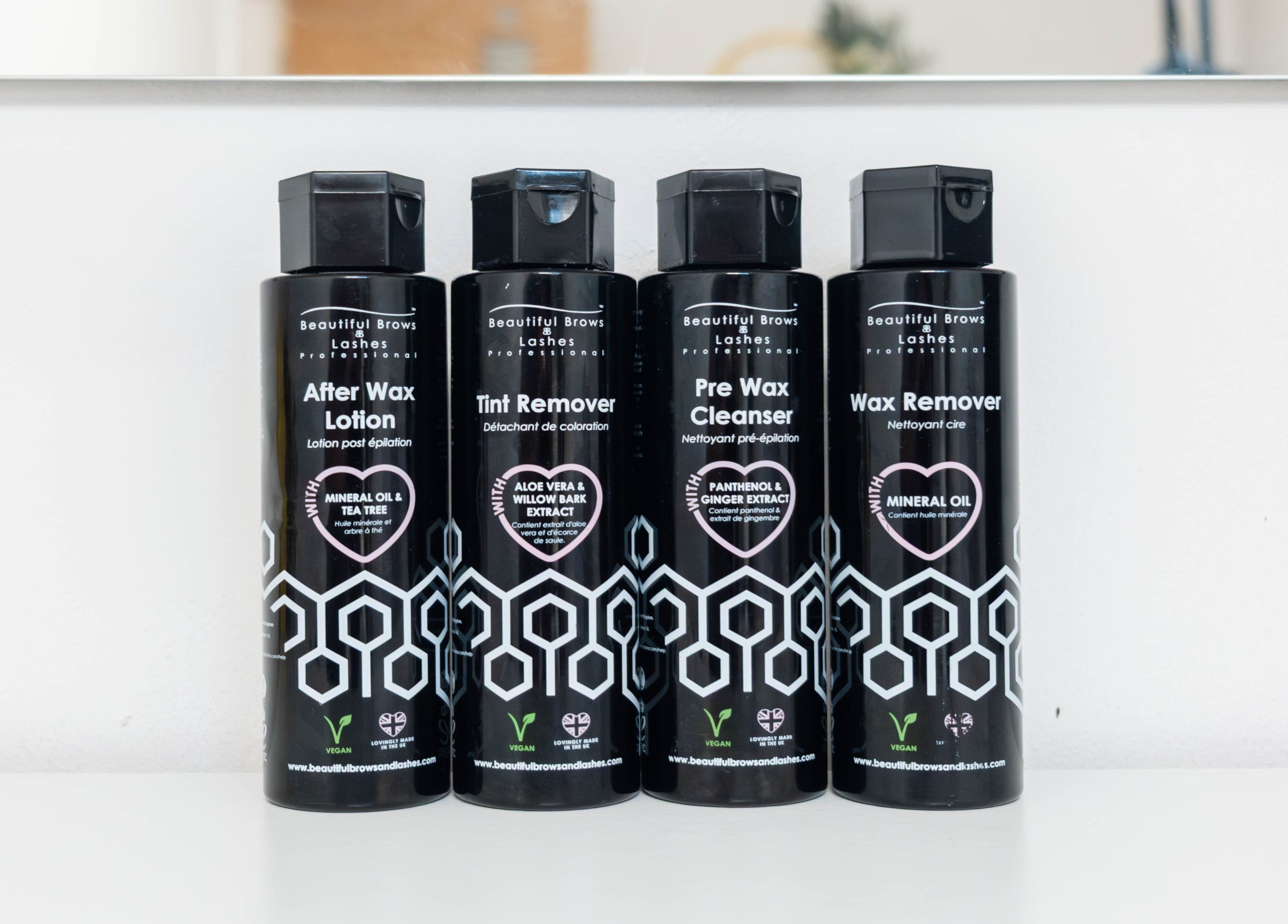 Jeta Brows' aftercare products on display, located in London, England, GB.