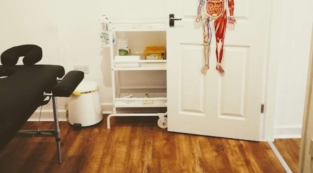 Tranquil treatment room with massage bed at The Hijamist, Stourbridge, England, GB.