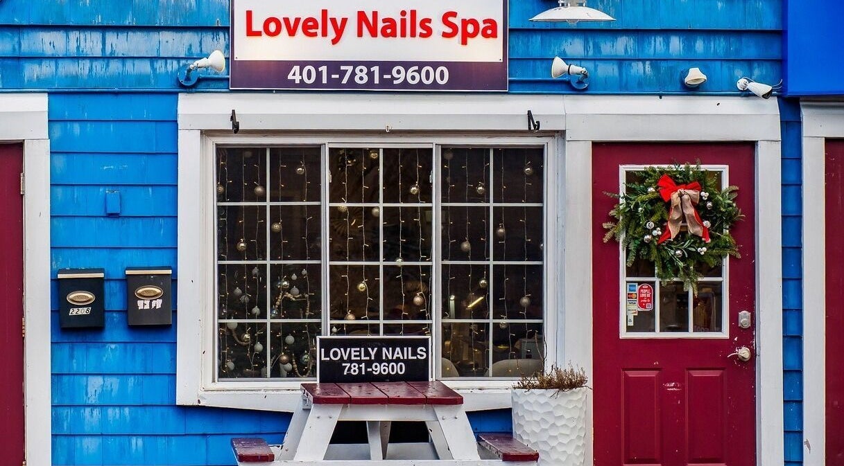 Lovely Nails Spa entrance with festive decor in Cranston, Rhode Island, US.