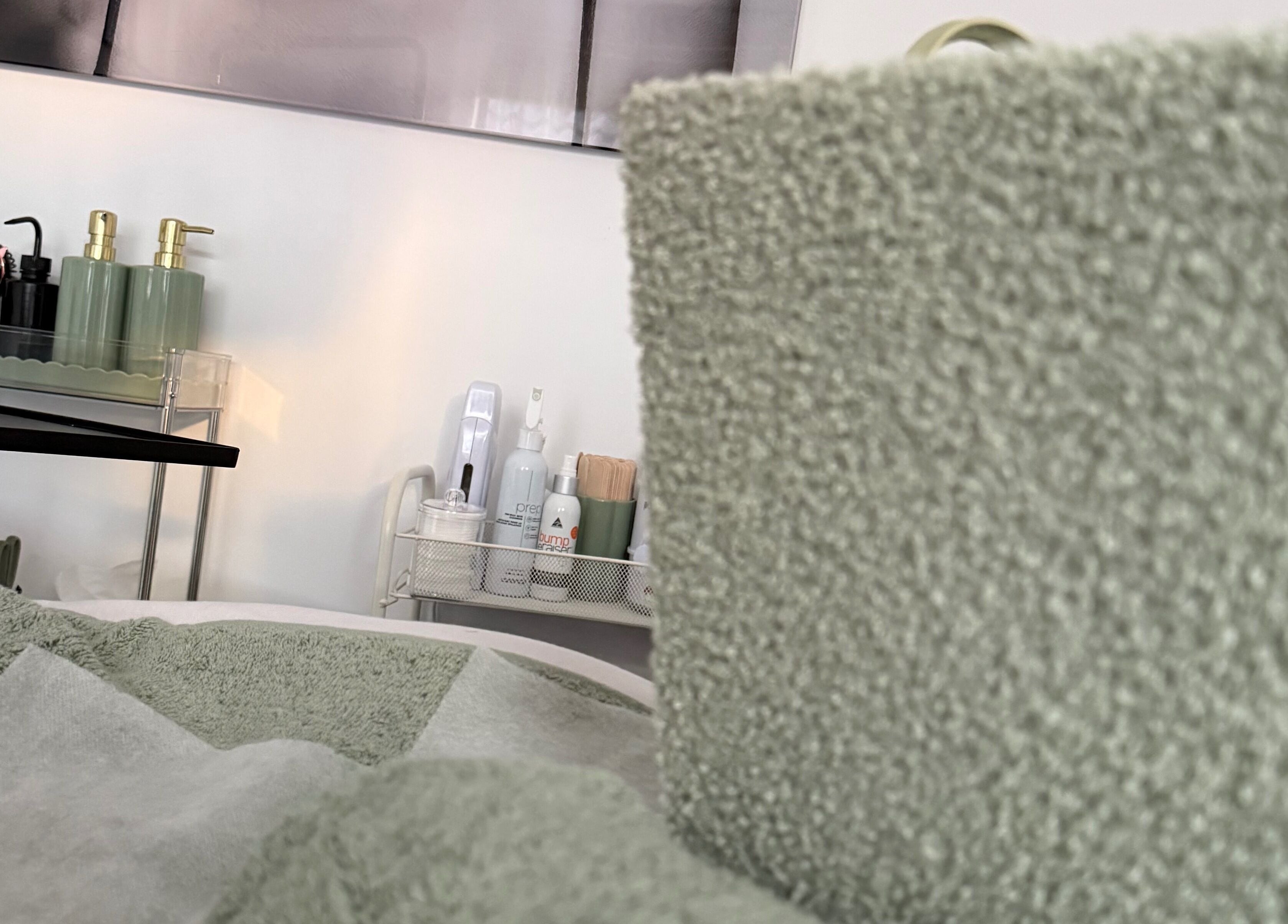 Calm treatment room with skincare products at Kitty Meow Wax & Brow, Meadow Springs, Western Australia, AU.