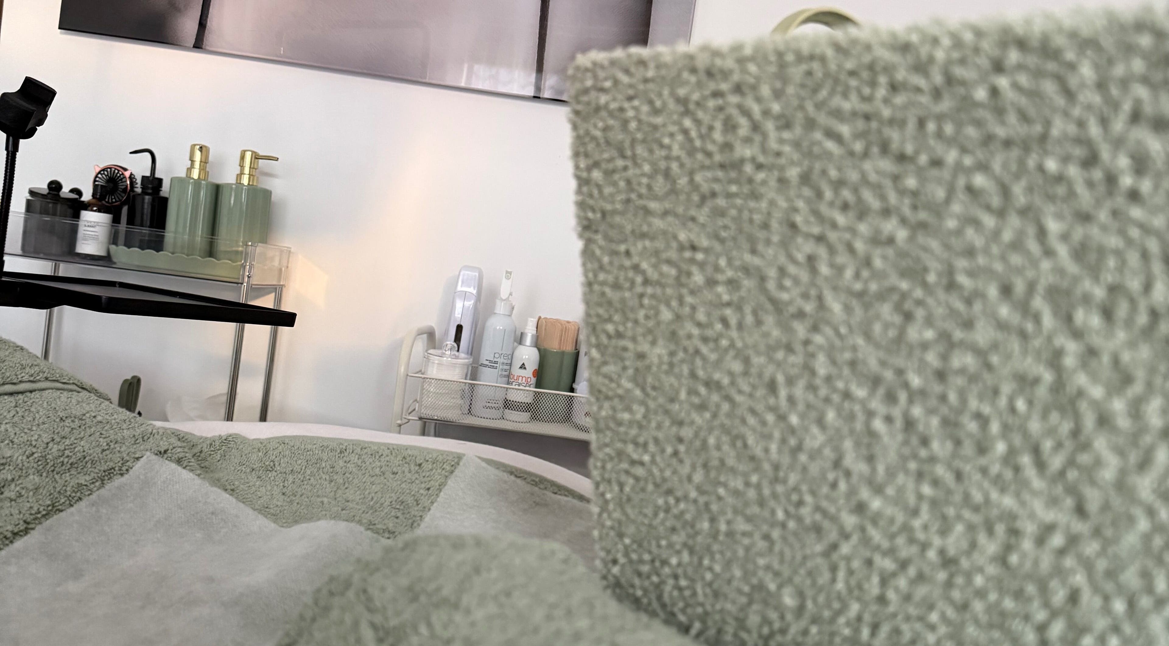 Calm treatment room with skincare products at Kitty Meow Wax & Brow, Meadow Springs, Western Australia, AU.