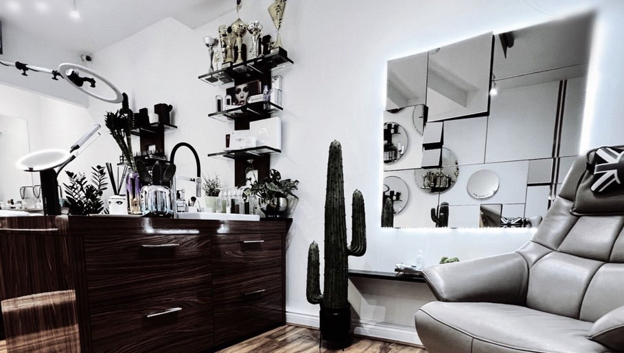 Chic modern salon interior at Lash Centre, Portsmouth, England, GB with stylish decor and comfortable seating.