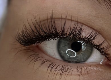 Close-up of enhanced eyelashes at Lash Centre in Portsmouth, England, GB, offering expert beauty treatments.