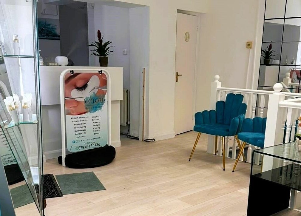 Elegant reception area at Victoria Beauty and Aesthetics, London, England, GB, featuring modern decor.