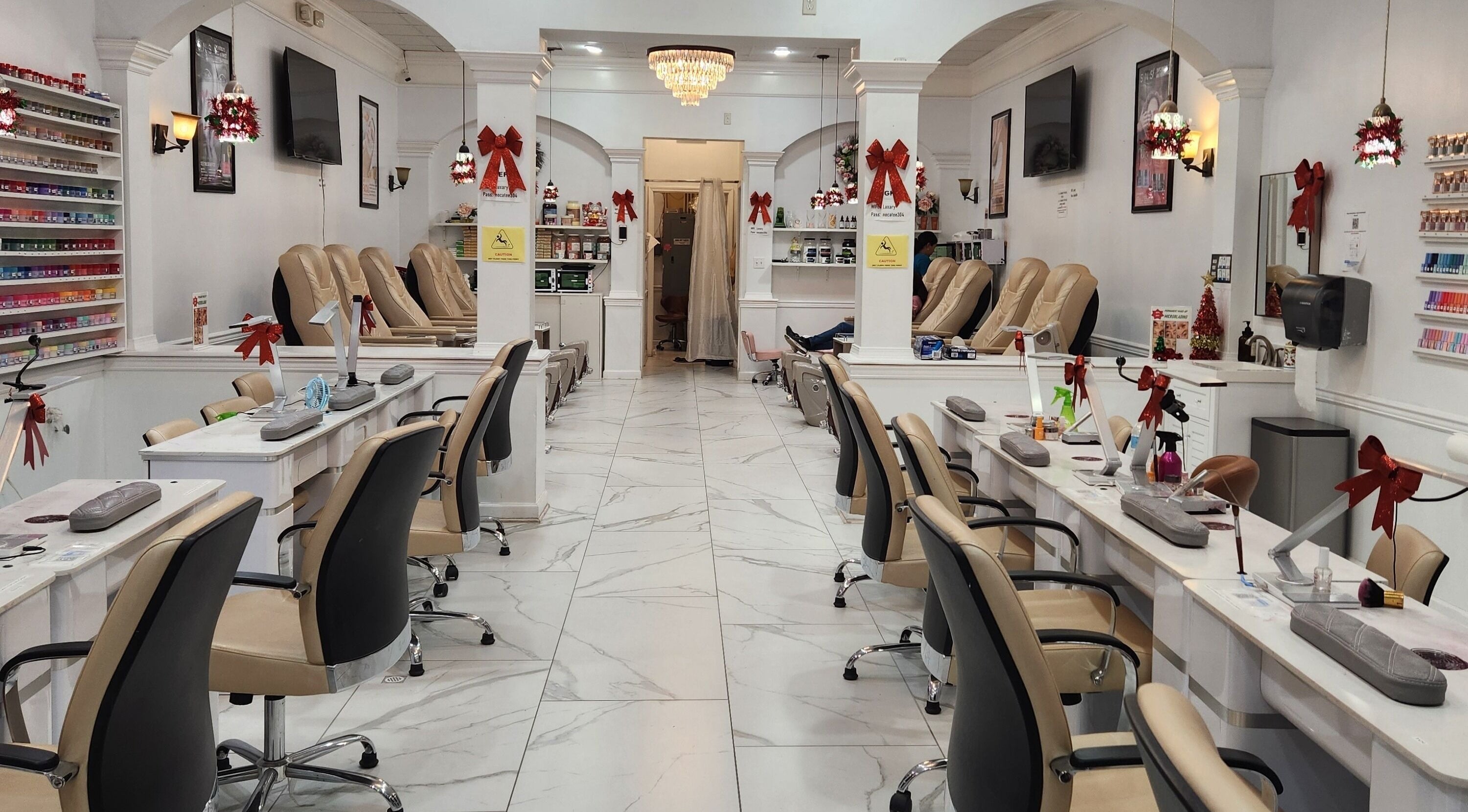Elegant interior of Luxury Nail Spa at Nocatee, Ponte Vedra Beach, Florida, US with chic decor and manicure stations.