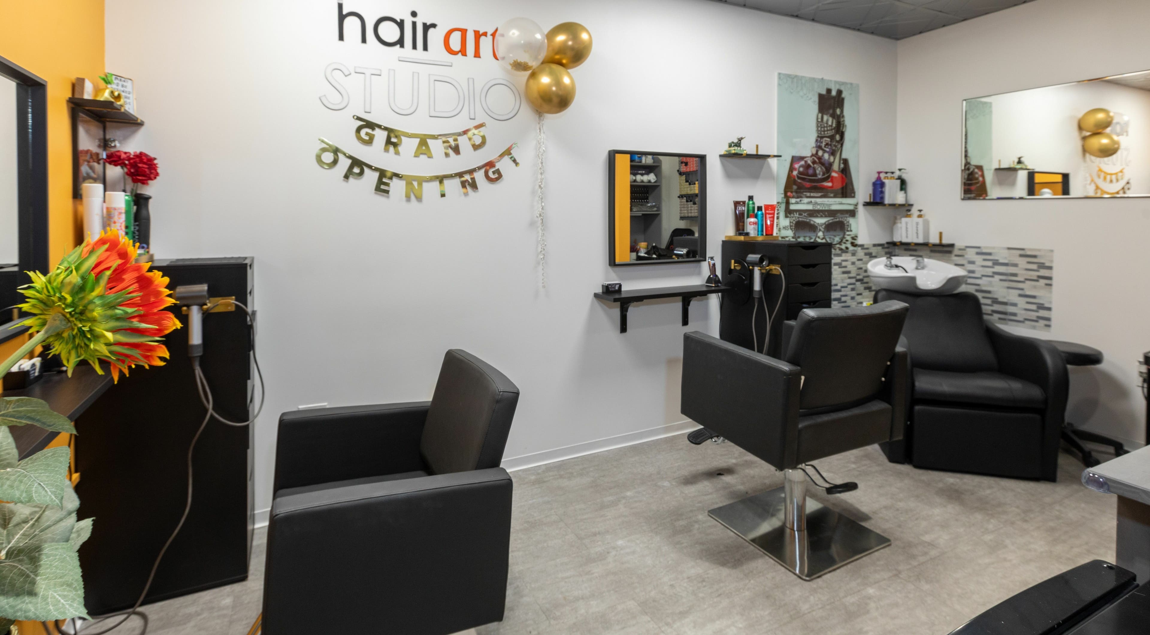 Hair Art Studio grand opening with stylish chairs in Costa Mesa, California, US.
