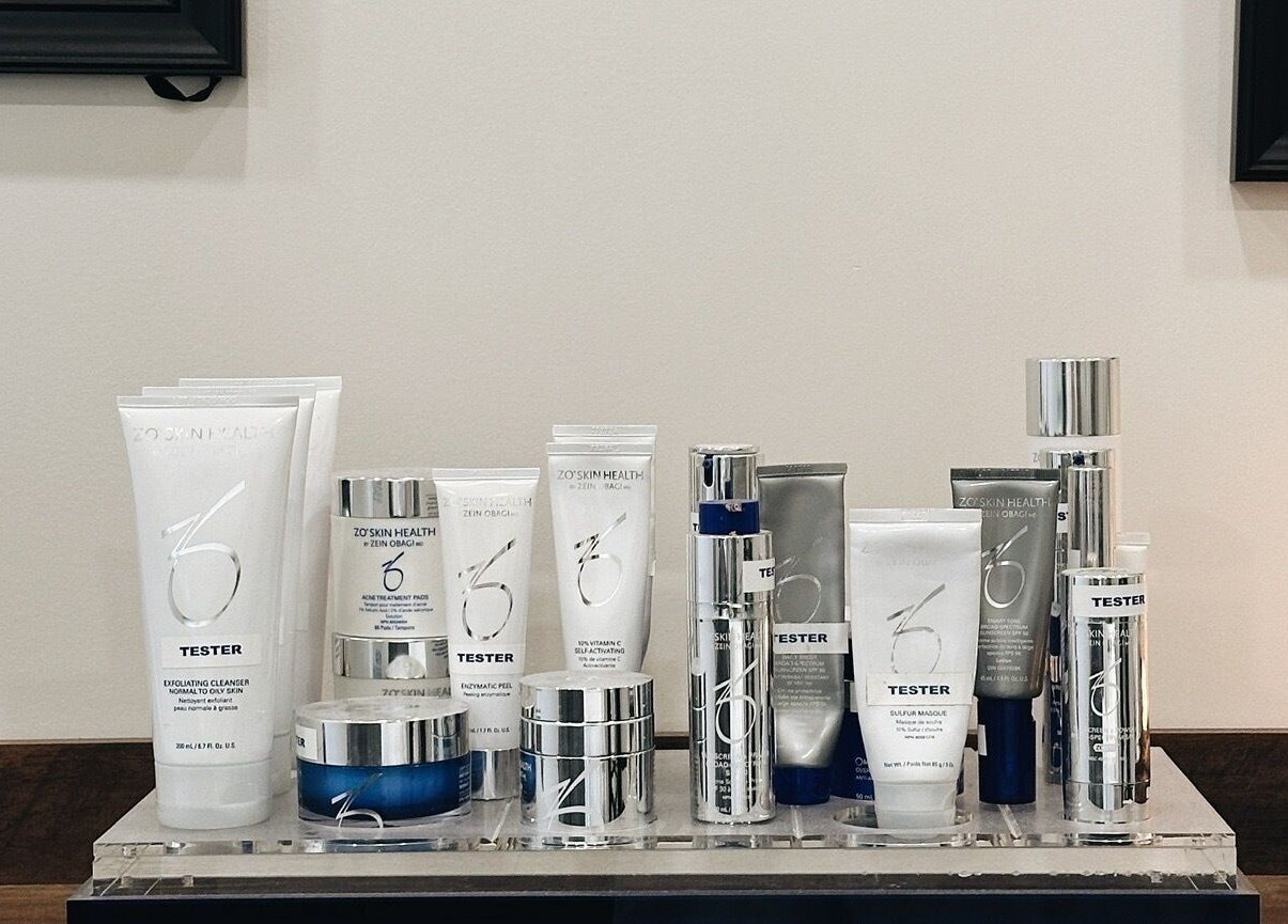 Assorted skincare products at Skin Deep Medical Aesthetics, Carlyle, Saskatchewan, CA perfectly displayed.