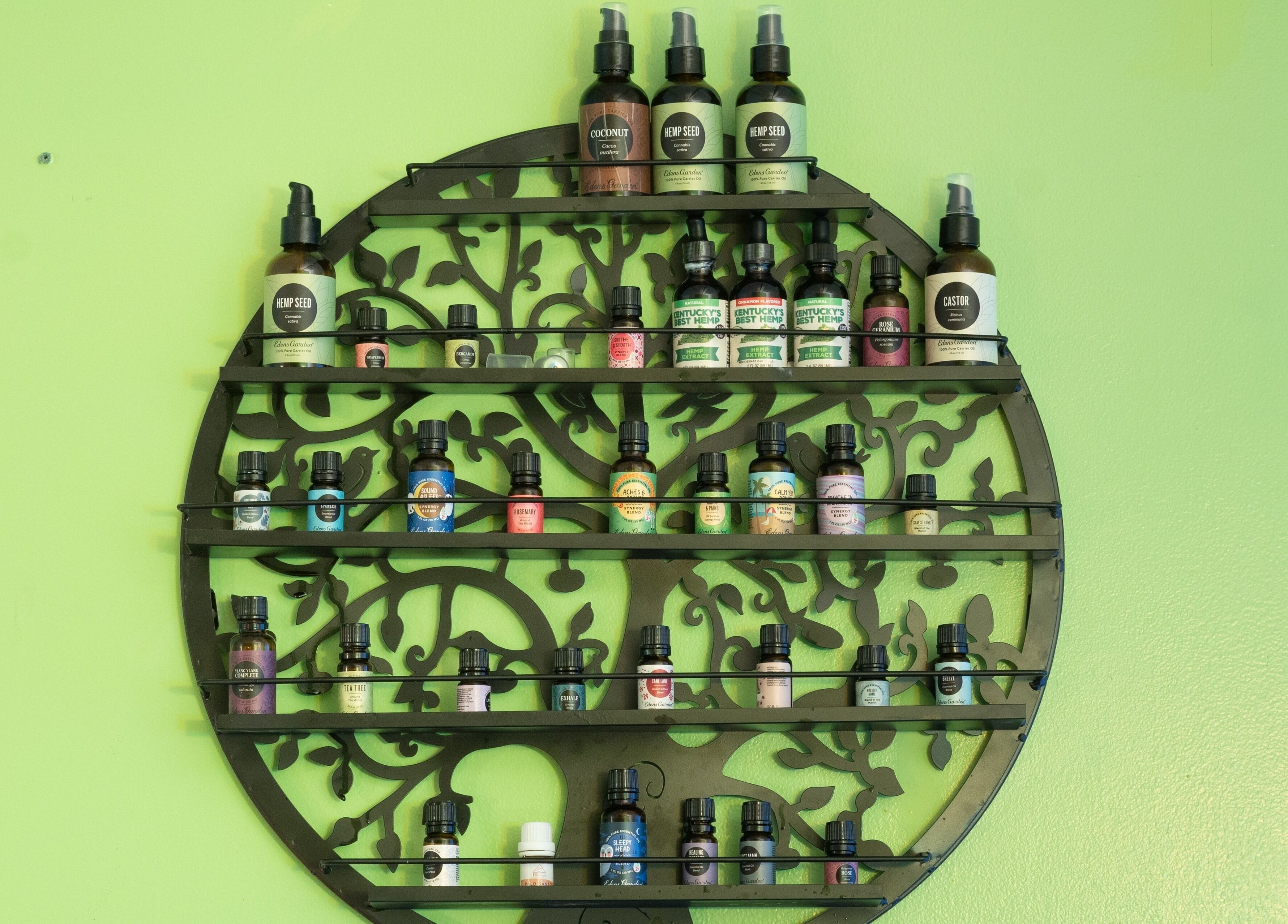 Essential oils on display at The Zen Zone Wellness - Middletown, Blue Ridge Manor, Kentucky, US.